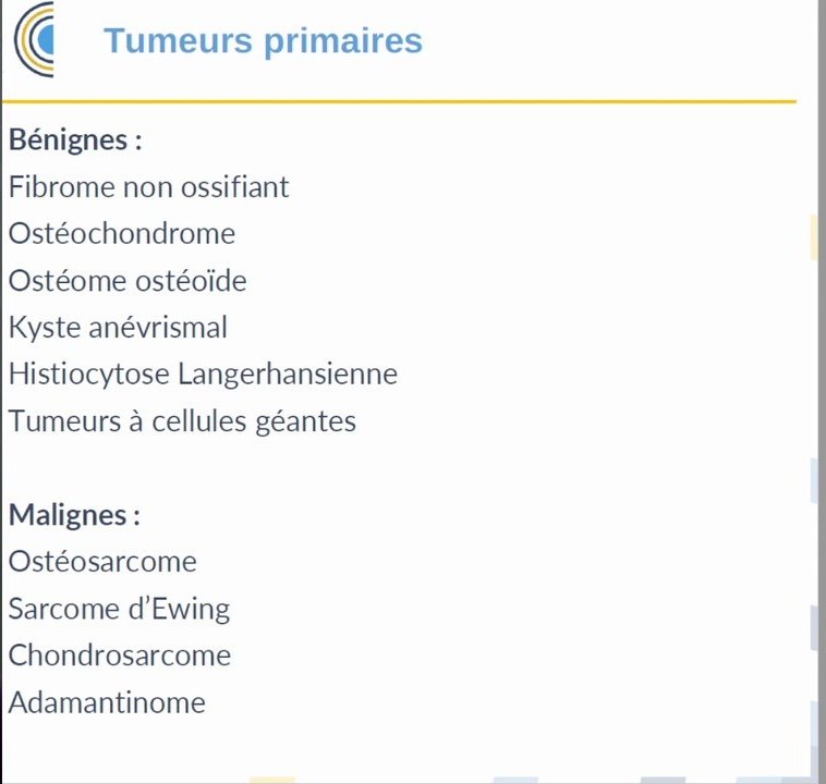 Liste des tumeurs osseuses primitives bénignes et malignes